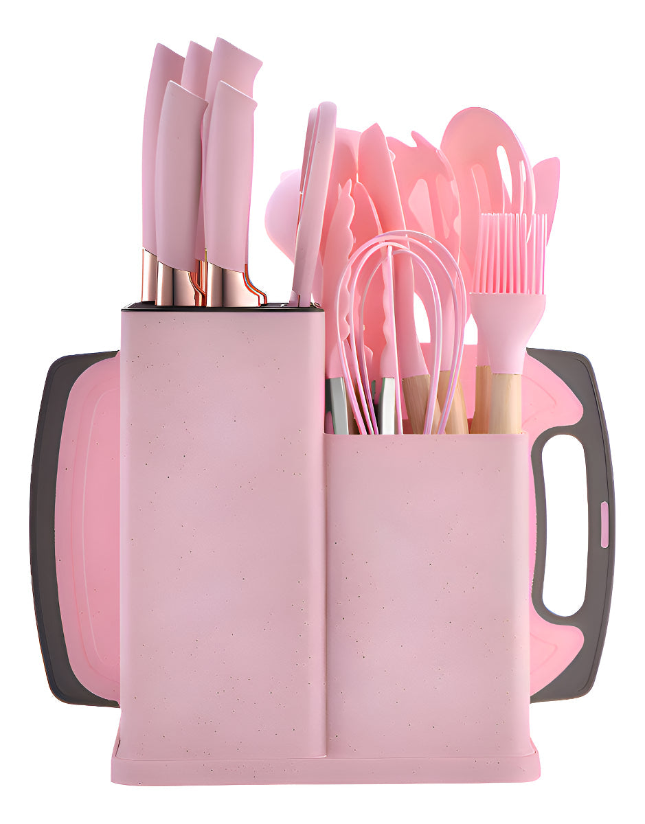 Kit 19 Utensílios De Cozinha rosa Em Silicone E Aço Inox Com Facas, Tesoura, Tábua E Porta Utensílios Resistentes Ao Calor Ideal Para Panelas Antiaderentes Design Moderno E Funcional Ponte Lar