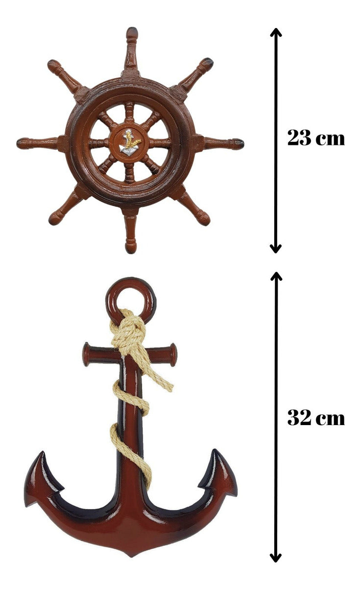 Timão E Âncora Decoração Náutica Praia Marinheiro Resina Cor Marrom