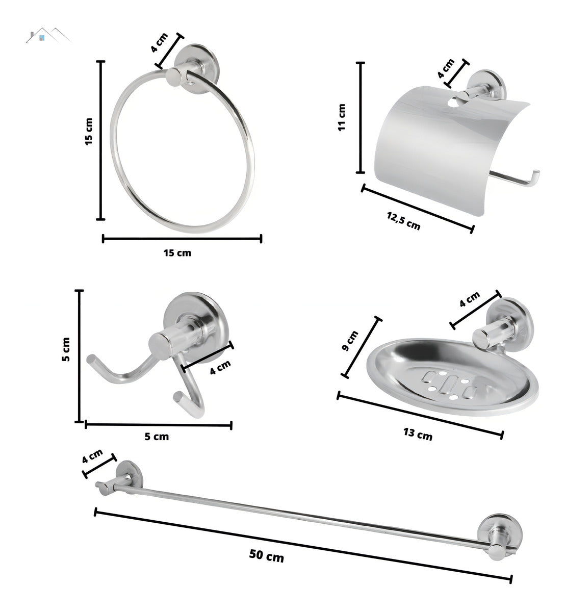 Kit Acessórios Banheiro Inox 5peças + 1 Porta Shampoo Reto Cor Prateado