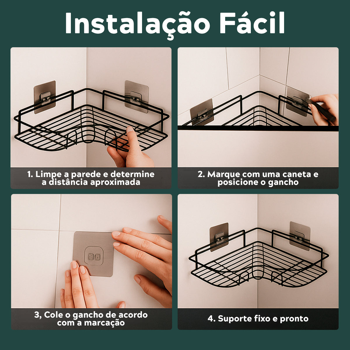 Kit 2 Suporte Porta Shampoo De Canto Sabonete Banheiro Adesivo Parede Sem Furos Box Luxo Cor Preto Brielli Home