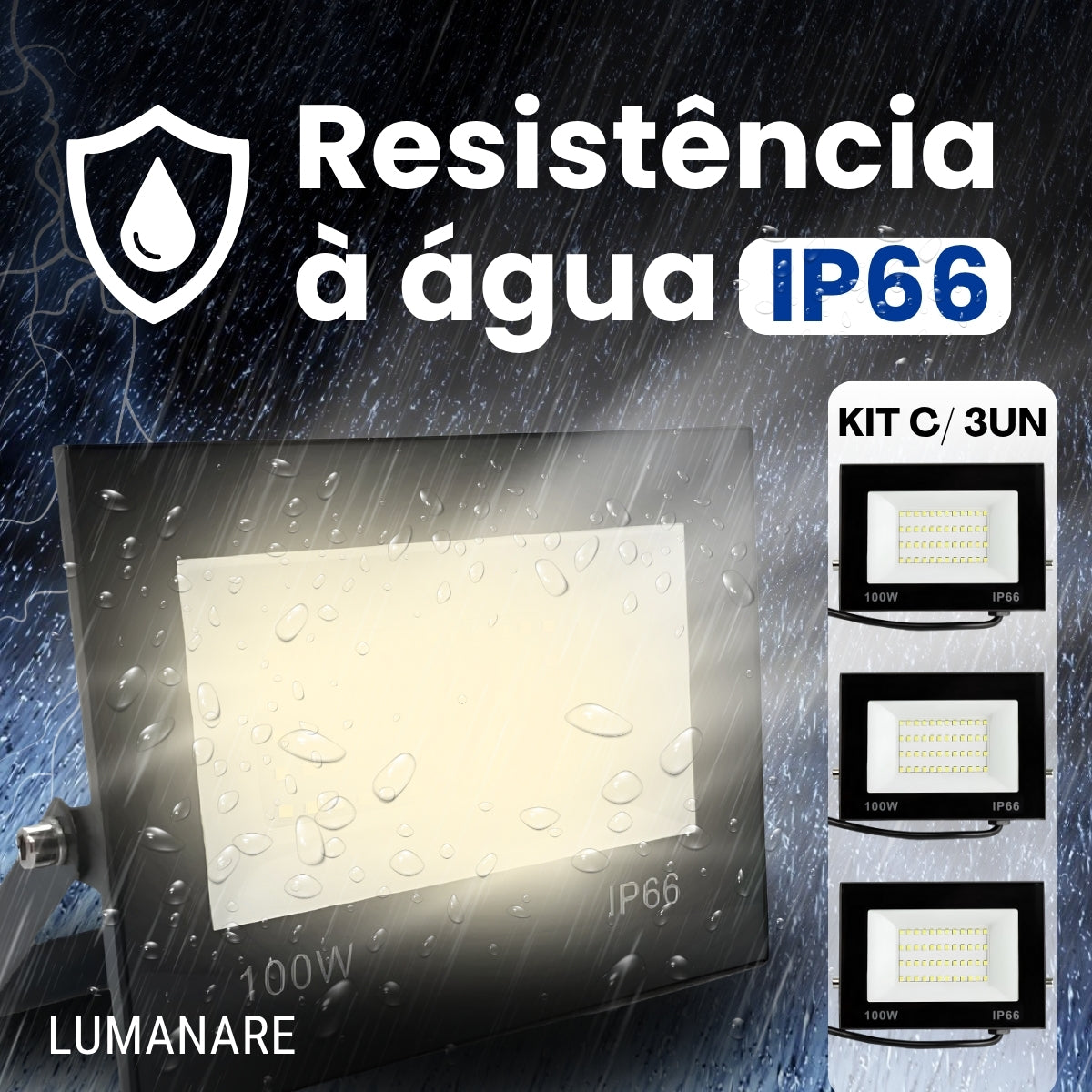 Kit Com 3 Refletor Led Holofote 100w Luz Branco-quente 3000k Resistente A Chuva Econômico Fácil De Instalar Carcaça Preta Ip66 Jardim Fachada Quintal