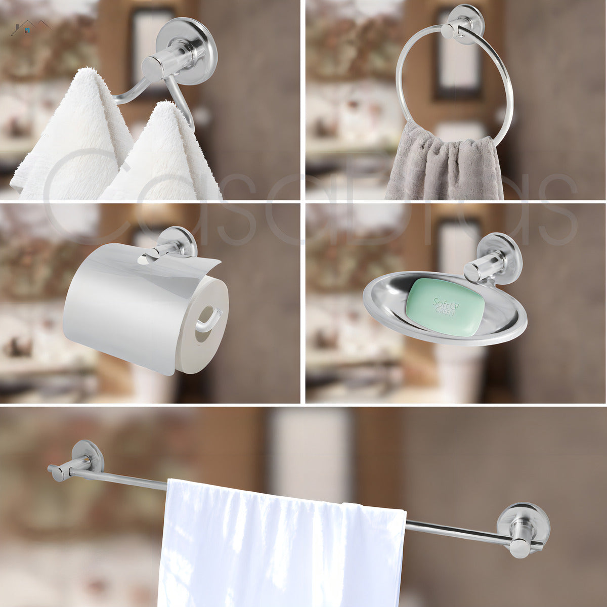 Kit Acessórios Banheiro Inox 5peças + 1 Porta Shampoo Reto Cor Prateado