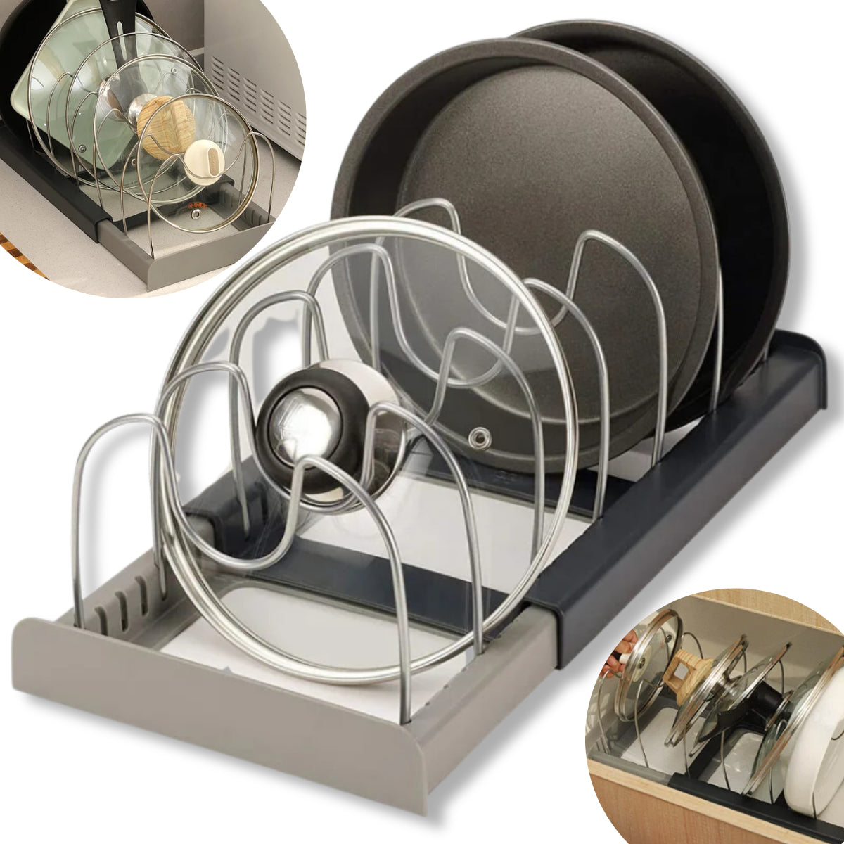 Organizador De Tampa Gaveta Cozinha Encaixe Prato Expansível Cor Cinza-escuro