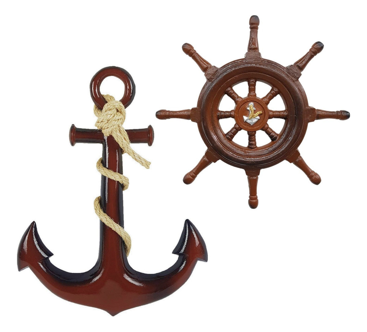 Timão E Âncora Decoração Náutica Praia Marinheiro Resina Cor Marrom