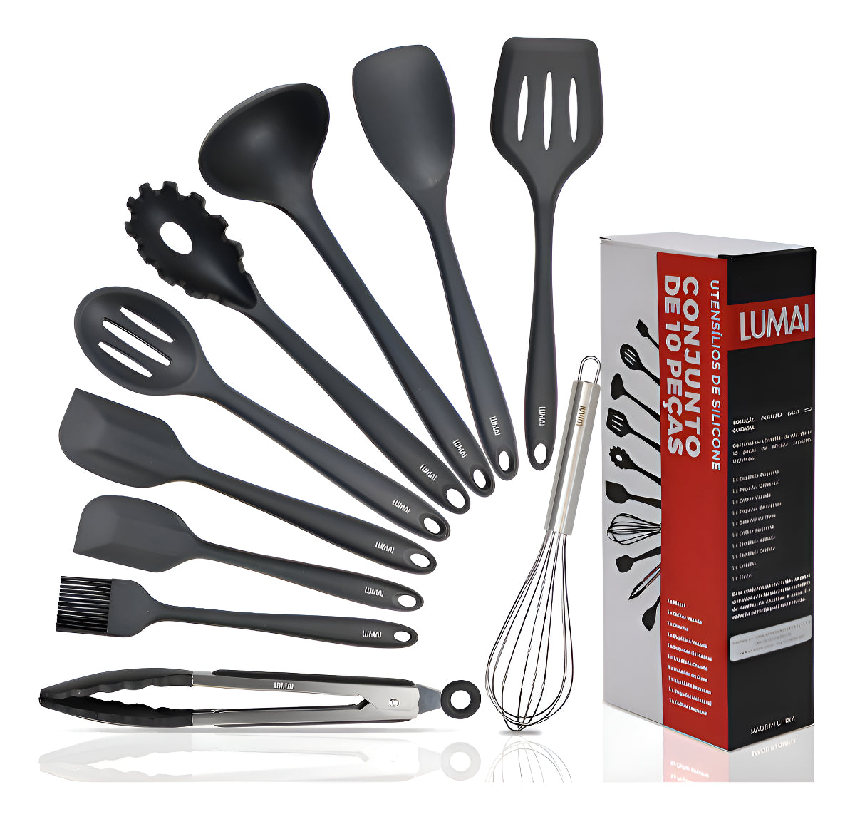 Lumai utensil silicone premium set conjunto 10 utensílios de cozinha cor preto escumadeira colheres espatulas pegador