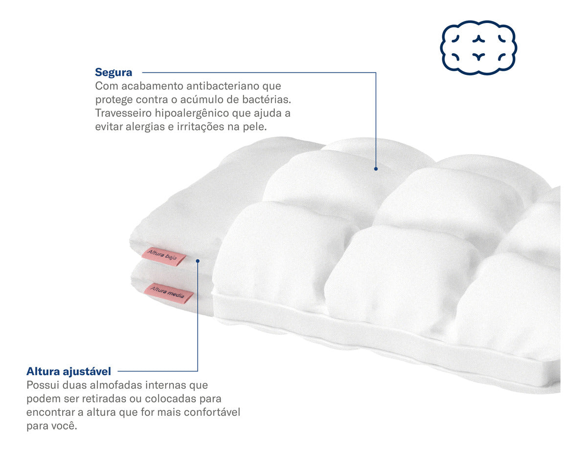 Travesseiro Luuna, Down Alternative, Macio, Compartimentos Acolchoados, Branco, 45 x 65 cm