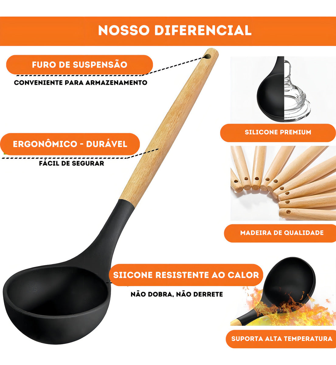 Jogo de Utensílios 19 Peças em Silicone Preto com Cabos de Madeira 32cm Resistentes ao Calor Design Moderno com Balde Organizador e Acessórios Inclusos – Ke Home