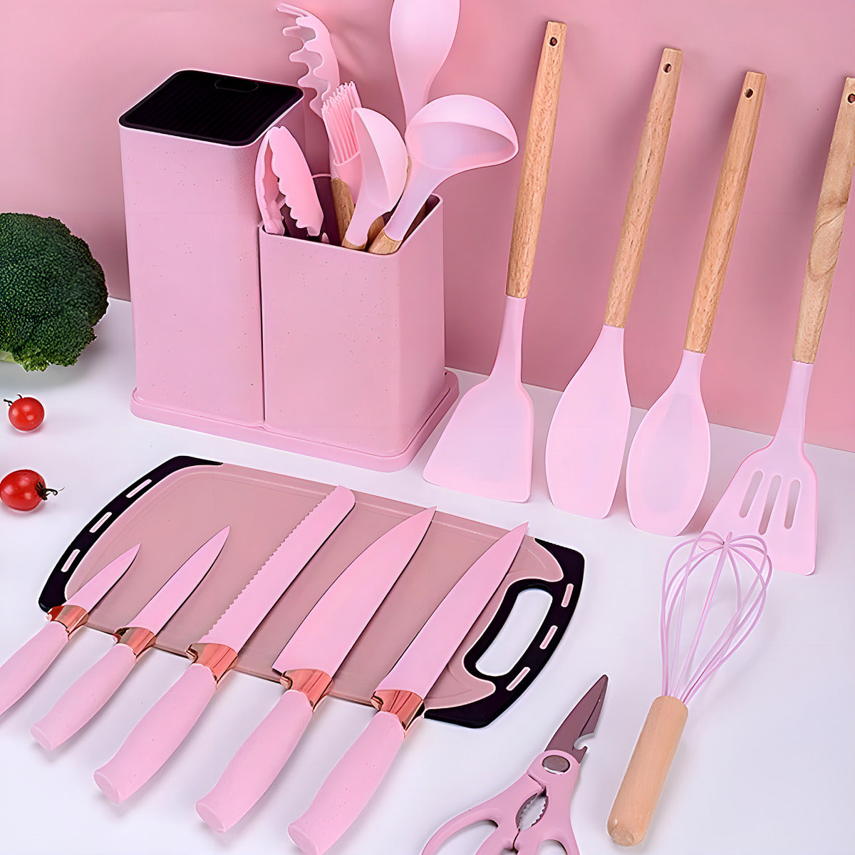 Kit 19 Utensílios De Cozinha rosa Em Silicone E Aço Inox Com Facas, Tesoura, Tábua E Porta Utensílios Resistentes Ao Calor Ideal Para Panelas Antiaderentes Design Moderno E Funcional Ponte Lar