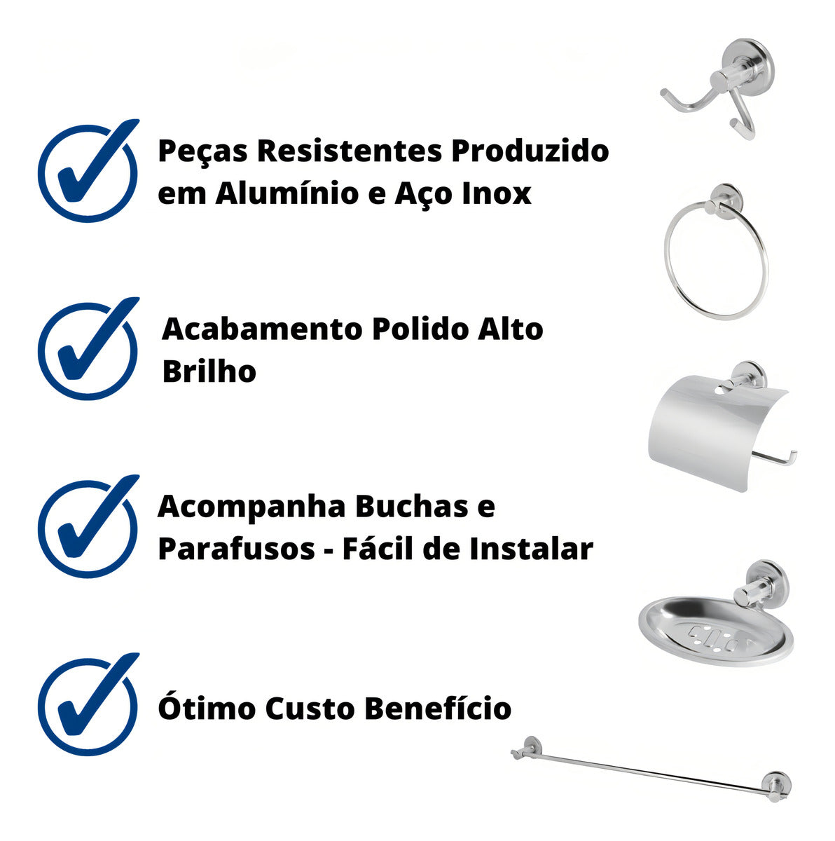 Kit Acessórios Banheiro Inox 5peças + 1 Porta Shampoo Reto Cor Prateado