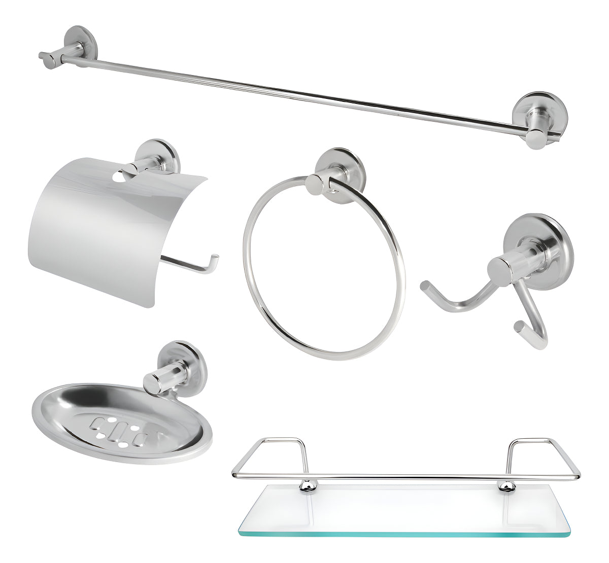 Kit Acessórios Banheiro Inox 5peças + 1 Porta Shampoo Reto Cor Prateado