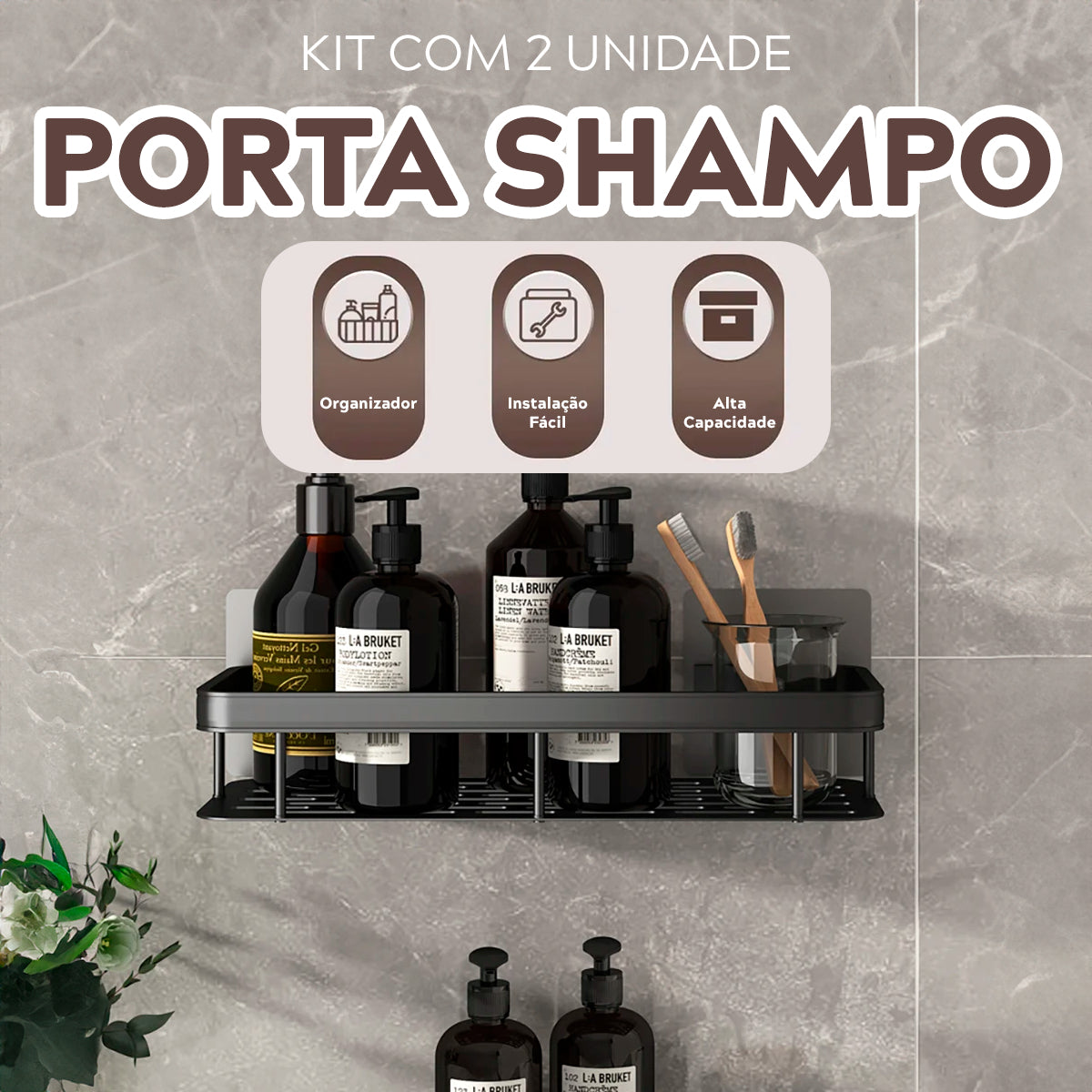 Kit 2 Suporte Porta Shampoo Sabonete Banheiro Adesivo Parede Sem Furos Box Luxo Cor Preto Brielli Home