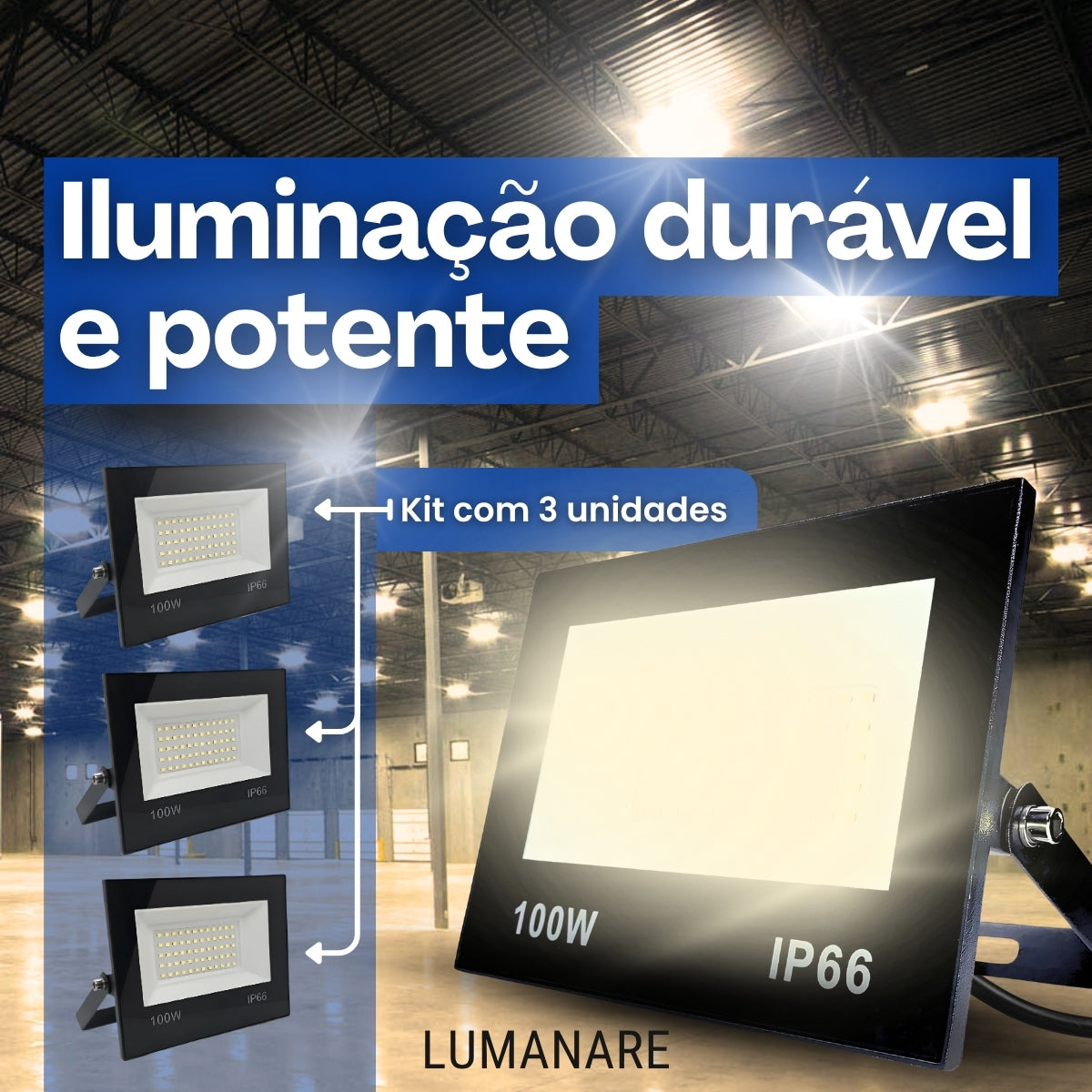 Kit Com 3 Refletor Led Holofote 100w Luz Branco-quente 3000k Resistente A Chuva Econômico Fácil De Instalar Carcaça Preta Ip66 Jardim Fachada Quintal