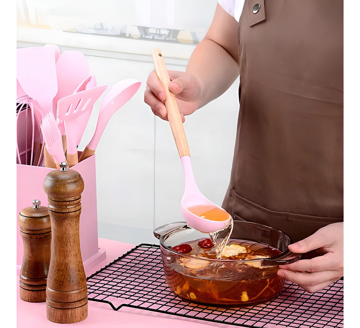 Kit 19 Utensílios De Cozinha rosa Em Silicone E Aço Inox Com Facas, Tesoura, Tábua E Porta Utensílios Resistentes Ao Calor Ideal Para Panelas Antiaderentes Design Moderno E Funcional Ponte Lar